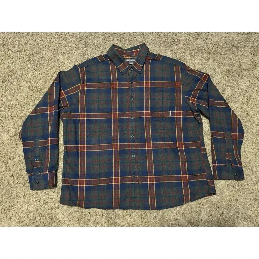 EDDIE BAUER Flannel Mens 2XL Green Plaid Outdoor Adventure Cabincore Button Up